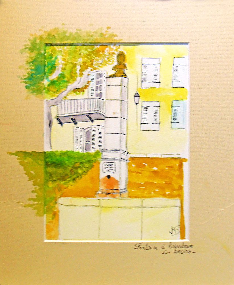 Jean-Marie Ferrer artiste peintre à Fréjus St Raphaël en Provence, aquarelle, dessin aquarellé FONTAINE À ROQUEBRUNE