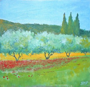 Jean Marie Ferrer artiste peintre de Provence, vente en ligne de tableaux à l'huile au couteau sur toile au couleurs de la Provence. Tableaux carrés sans châssis.L'oliveraie.