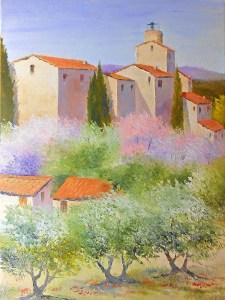 Jean Marie Ferrer artiste peintre de Provence, vente en ligne de tableaux à l'huile au couteau sur toile au couleurs de la Provence. Tableaux vendus en collection privée.Au pied du petit village.