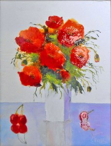 Artiste peintre de Provence, vente de tableaux. COQUELICOTS ET CERISES 