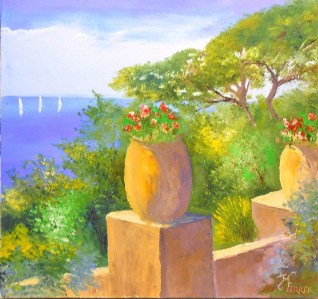 Jean Marie Ferrer artiste peintre de Provence, vente en ligne de tableaux à l'huile au couteau sur toile au couleurs de la Provence. Tableaux vendus en collection privée.Jardin méditerranéen.