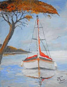 Jean Marie Ferrer artiste peintre de Provence, vente en ligne de tableaux à l'huile au couteau sur toile au couleurs de la Provence. Tableaux vendus en collection privée. Voilier au mouillage.