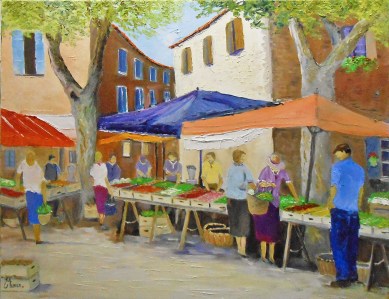 Jean Marie Ferrer artiste peintre de Provence, vente en ligne de tableaux à l'huile au couteau sur toile au couleurs de la Provence. JOUR DE MARCHÉ